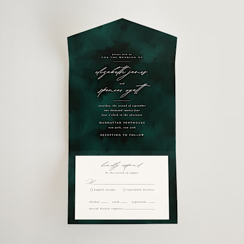 This is a emerald all in one wedding invitations with standard by Andrea Cernin called emerald printing on value cover in all-in-one