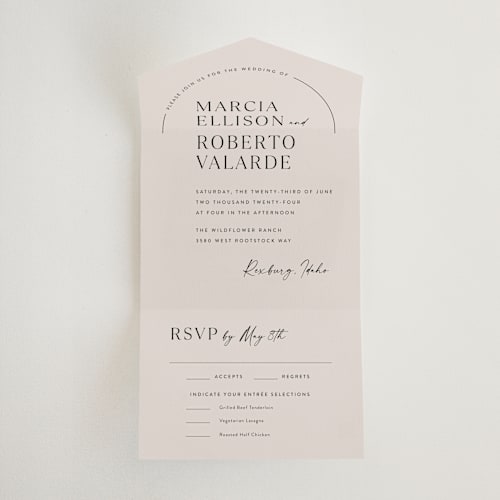This is a almond all in one wedding invitations with standard by Jill Means called overjoyed printing on value cover in all-in-one