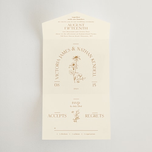 This is a cream all in one wedding invitations with standard by Baumbirdy called floral type arch printing on value cover in all-in-one