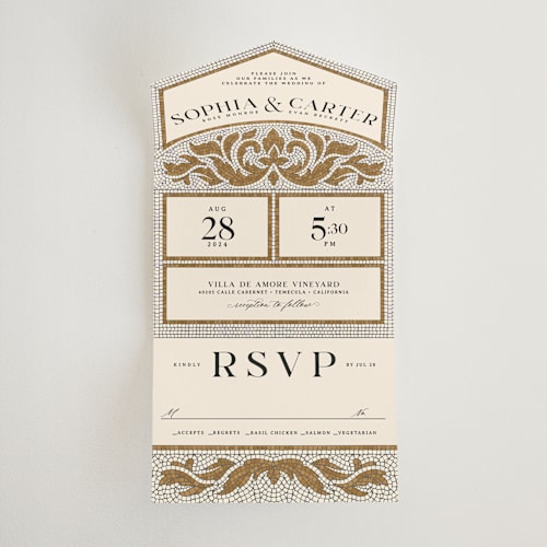 This is a sand all in one wedding invitations with standard by GeekInk Design called floral mosaic printing on value cover in all-in-one