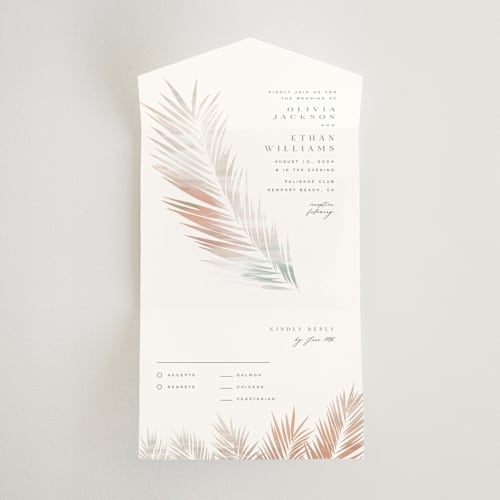 This is a coconut all in one wedding invitations with standard by Owl and Toad called painted leaves printing on value cover in all-in-one