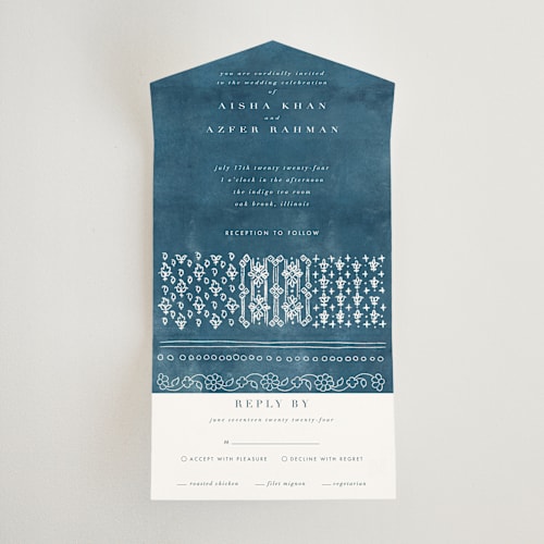 This is a indigo all in one wedding invitations with standard by Nazia Hyder called kantha quilt printing on value cover in all-in-one