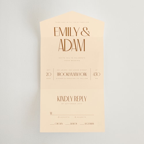 This is a rust all in one wedding invitations with standard by April Astudillo called classic touch printing on value cover in all-in-one