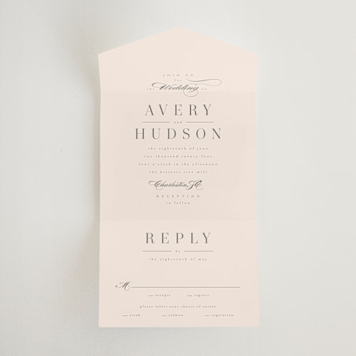 This is a latte all in one wedding invitations with standard by Kristie Kern called anson printing on value cover in all-in-one