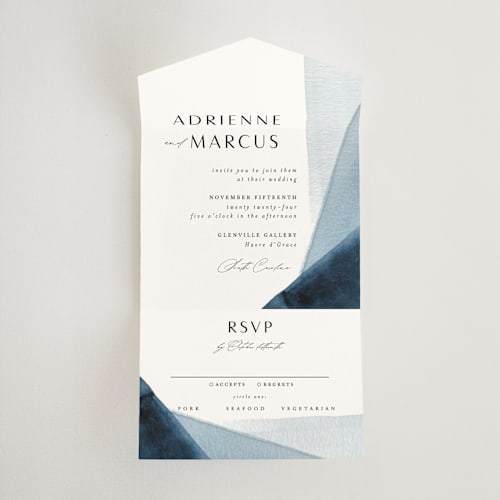 This is a ocean all in one wedding invitations with standard by Erin L. Wilson called trio printing on value cover in all-in-one