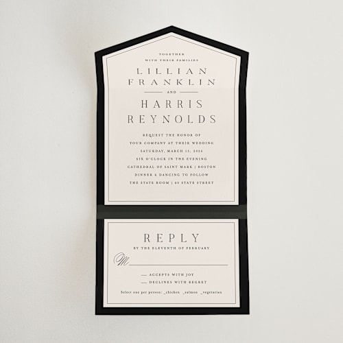 This is a tuxedo all in one wedding invitations with standard by Amy Kross called cambridge printing on value cover in all-in-one