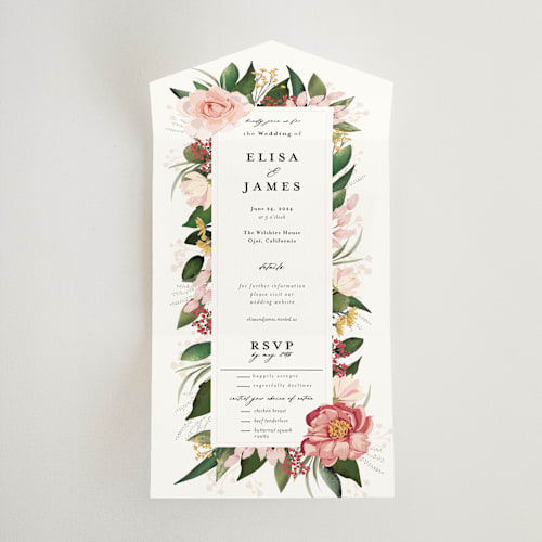 This is a blush all in one wedding invitations with standard by Susan Moyal called blossom printing on value cover in all-in-one