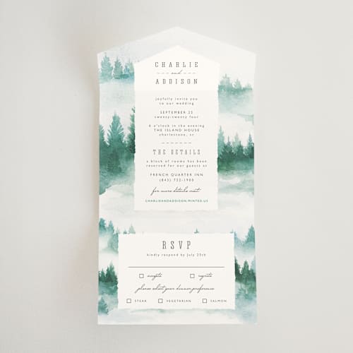 This is a forest all in one wedding invitations with standard by Yuliya Evseeva called forest air printing on value cover in all-in-one