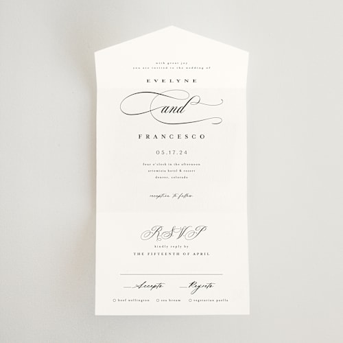This is a frost all in one wedding invitations with standard by chocomocacino called blancmange printing on value cover in all-in-one