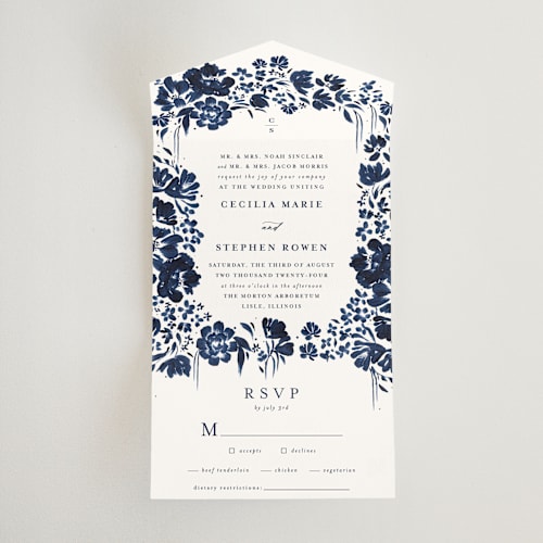 This is a indigo all in one wedding invitations with standard by Angela Marzuki called brushstrokes in bloom printing on value cover in all-in-one