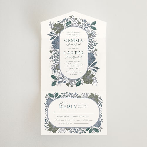 This is a bluemoon all in one wedding invitations with standard by Jen Owens called flourish printing on value cover in all-in-one