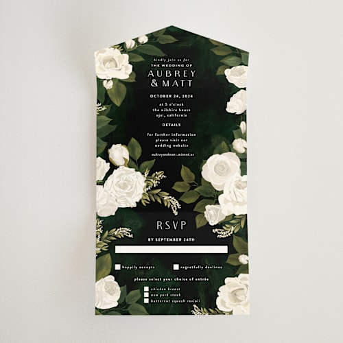 This is a porcelain all in one wedding invitations with standard by Susan Moyal called rose garden printing on value cover in all-in-one