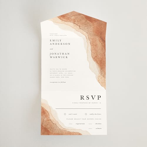 This is a desert all in one wedding invitations with standard by Yuliya Evseeva called watercolor dune printing on value cover in all-in-one