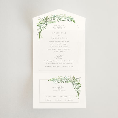 This is a fern all in one wedding invitations with standard by Creo Study called i do printing on strathmore in all-in-one