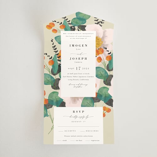 This is a wheat all in one wedding invitations with standard by Keen Peachy called floral splash printing on strathmore in all-in-one