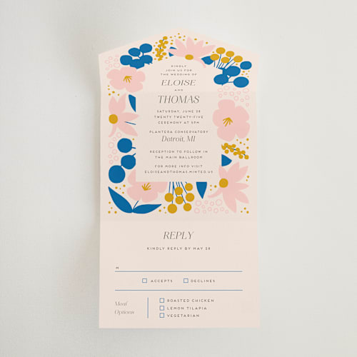 This is a cobalt all in one wedding invitations with standard by Genna Blackburn called blossoms abound printing on strathmore in all-in-one