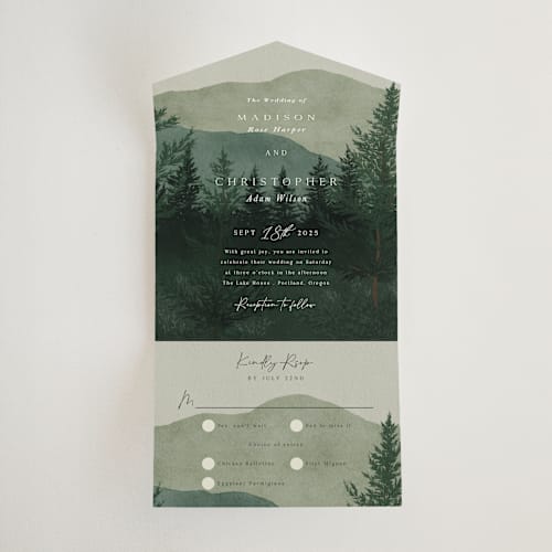 This is a jade all in one wedding invitations with standard by Elly called the forest printing on strathmore in all-in-one