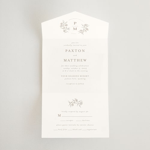 This is a taupe all in one wedding invitations with standard by Chris Griffith called monogrammed printing on signature in all-in-one