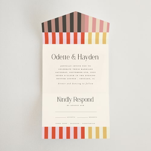 This is a petal all in one wedding invitations with standard by Morgan Kendall called quilted grid printing on strathmore in all-in-one