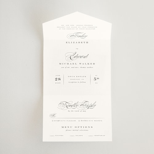 This is a tuxedo all in one wedding invitations with standard by Leah Bisch called vow printing on strathmore in all-in-one
