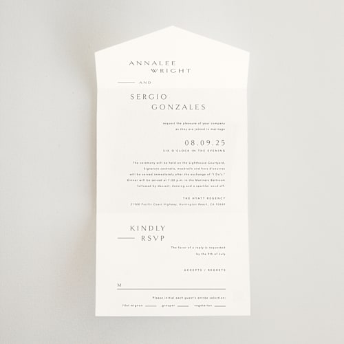 This is a simply white all in one wedding invitations with standard by Jennifer Postorino called rhythmic printing on strathmore in all-in-one