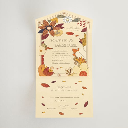 This is a umber all in one wedding invitations with standard by Morgan Ramberg called nouveau love printing on value cover in all-in-one