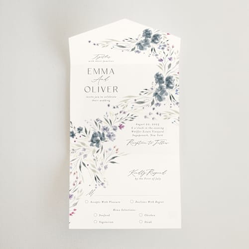 This is a violet all in one wedding invitations with standard by Nicoletta Savod called violet cascade printing on strathmore in all-in-one