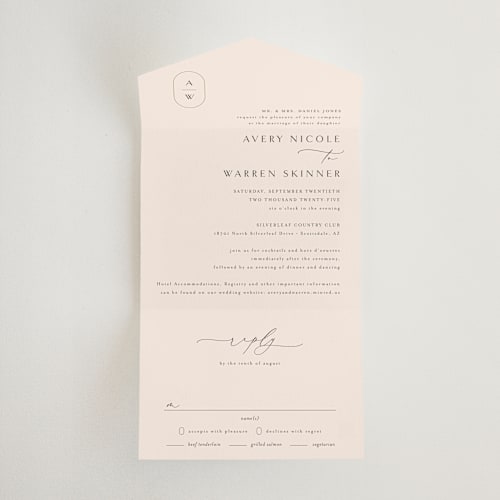 This is a latte all in one wedding invitations with standard by Jennifer Postorino called everlasting printing on strathmore in all-in-one