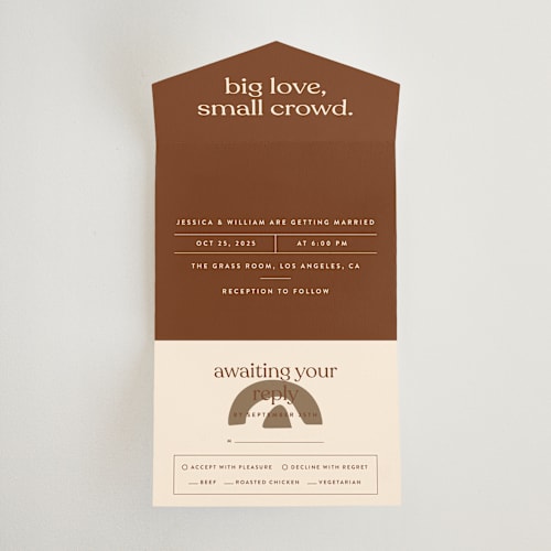 This is a cinnamon all in one wedding invitations with standard by Nazia Hyder called private affair printing on strathmore in all-in-one