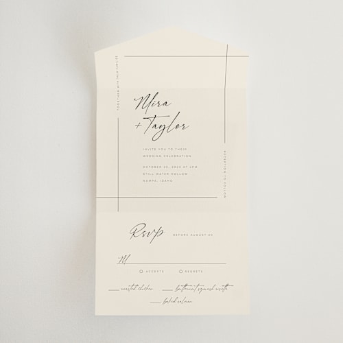 This is a cotton all in one wedding invitations with standard by April Astudillo called modernline printing on strathmore in all-in-one