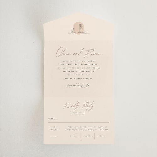 This is a sand all in one wedding invitations with standard by Owl and Toad called sunset beach printing on strathmore in all-in-one