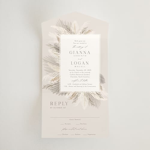This is a ash all in one wedding invitations with standard by Kaydi Bishop called pampas & palms printing on strathmore in all-in-one