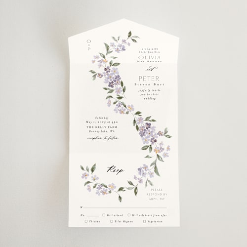 This is a periwinkle all in one wedding invitations with standard by Itsy Belle Studio called sweeping vine printing on signature in all-in-one