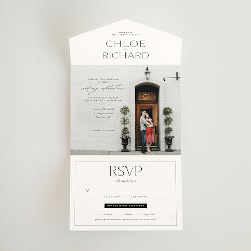 This is a noir all in one wedding invitations with standard by Eric Clegg called boutique printing on strathmore in all-in-one