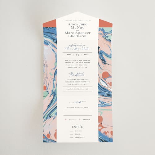 This is a maraschino all in one wedding invitations with standard by A Real Peach Studio called mod marble printing on strathmore in all-in-one