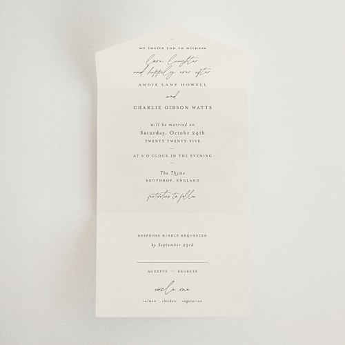 This is a buff all in one wedding invitations with standard by Sara Hicks Malone called happily ever after printing on strathmore in all-in-one