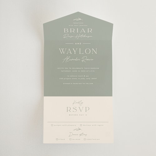 This is a sage all in one wedding invitations with standard by Erica Krystek called soft arch printing on signature in all-in-one