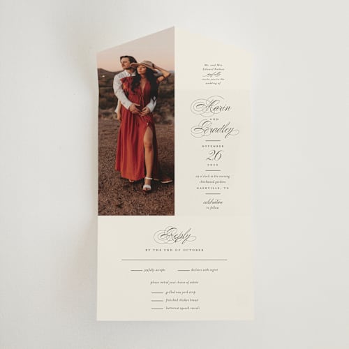 This is a buttercream all in one wedding invitations with standard by Jessica Williams called tandem printing on strathmore in all-in-one