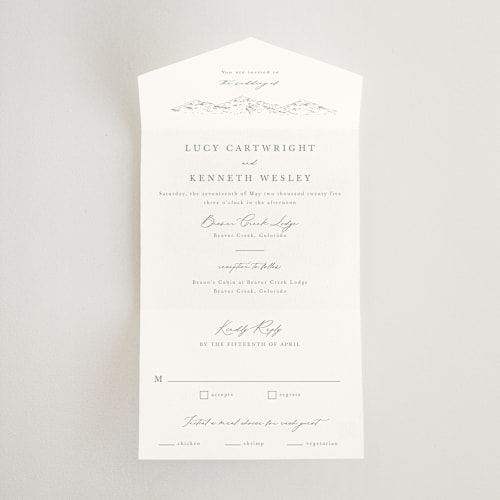 This is a pewter all in one wedding invitations with standard by Sarah Brown called mountainview printing on signature in all-in-one