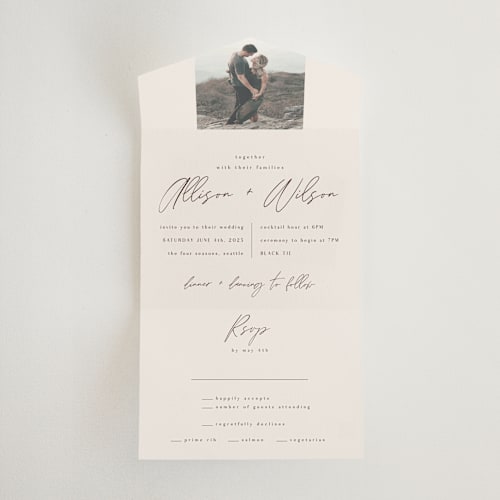 This is a ecru all in one wedding invitations with standard by AK Graphics called love note printing on strathmore in all-in-one