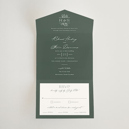 This is a hunter all in one wedding invitations with standard by Sarah Brown called branchlet printing on strathmore in all-in-one