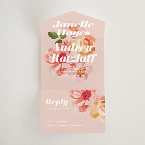 This is a petal all in one wedding invitations with standard by Olivia Kanaley Inman called july garden printing on strathmore in all-in-one
