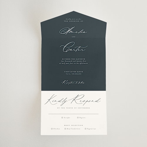 This is a jade all in one wedding invitations with standard by Emily Betts called modern vintage printing on strathmore in all-in-one