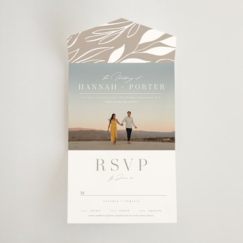This is a linen all in one wedding invitations with standard by Ashley Rosenbaum called mystique printing on strathmore in all-in-one