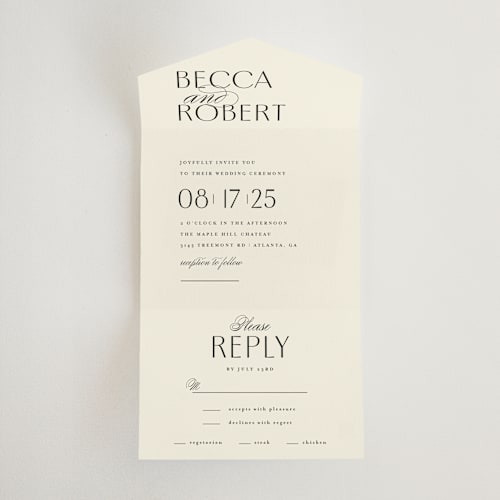 This is a cream all in one wedding invitations with standard by Louise Kay called elegant type printing on strathmore in all-in-one