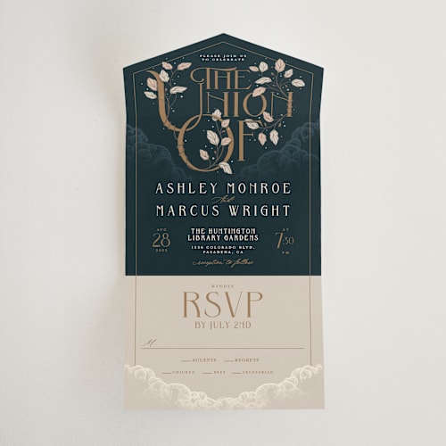 This is a dusk all in one wedding invitations with standard by GeekInk Design called deco garden printing on strathmore in all-in-one