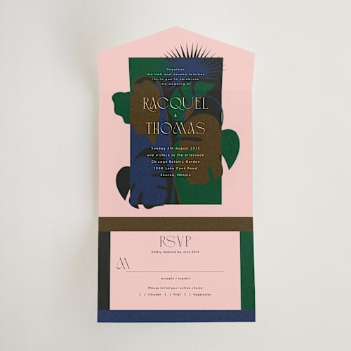 This is a blush all in one wedding invitations with standard by Baumbirdy called modern tropics printing on strathmore in all-in-one