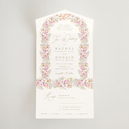 This is a spring all in one wedding invitations with standard by Phrosné Barwood called floral arch printing on value cover in all-in-one