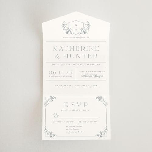 This is a sea all in one wedding invitations with standard by Kristen Smith called modern crest printing on strathmore in all-in-one