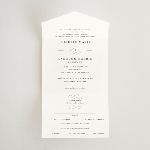 This is a snow all in one wedding invitations with standard by Kimberly FitzSimons called beyond words printing on strathmore in all-in-one